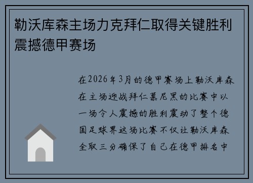 勒沃库森主场力克拜仁取得关键胜利震撼德甲赛场 勒沃库森主场力克拜仁取得关键胜利震撼德甲赛场